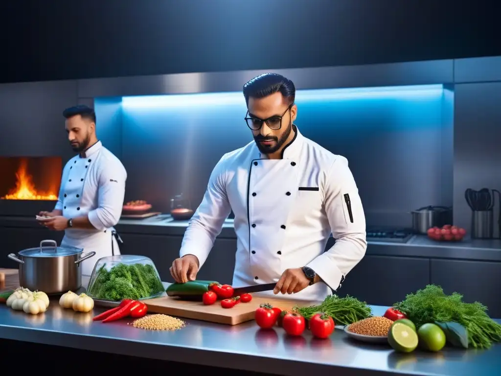 Una cocina moderna llena de vida con gadgets hightech para veganos y una receta en pantalla holográfica