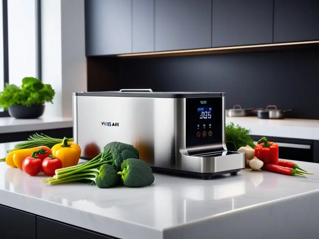 Una cocina moderna con máquina sous vide y vegetales envasados al vacío, destacando la cocina vegana baja temperatura clave