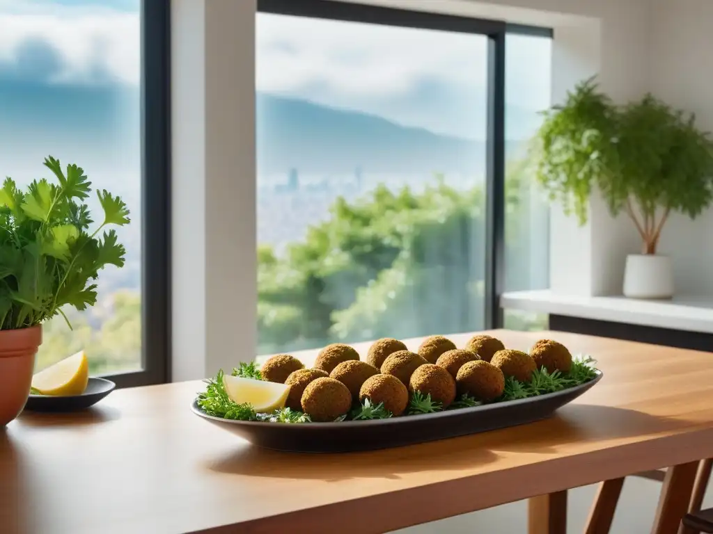 Una cocina moderna con mesa de comedor, platos veganos de Medio Oriente y plantas verdes, irradiando calidez