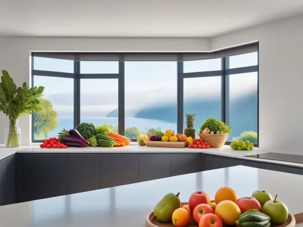 Una cocina moderna y minimalista llena de frutas y verduras frescas en envases ecológicos, con luz natural