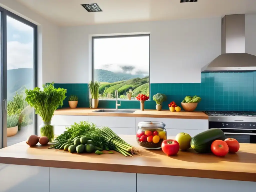 Una cocina moderna y minimalista con prácticas veganas, ecofriendly y vibrante colorido de frutas y verduras en frascos de vidrio