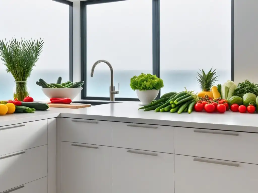 Una cocina moderna minimalista con una variedad de frutas y verduras frescas, iluminada por la luz del sol