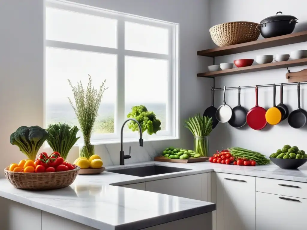 Cocina moderna y organizada con utensilios coloridos y alimentos frescos