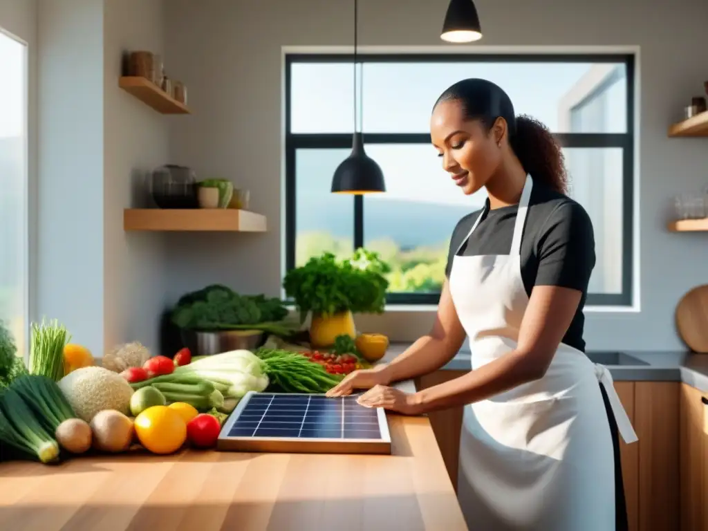 Una cocina moderna con paneles solares en el techo, iluminando un espacio de cocina vegana