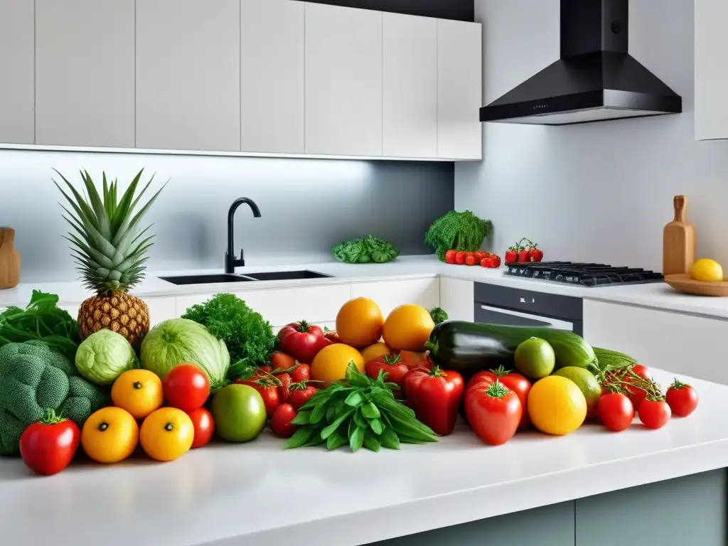 Una cocina moderna rebosante de frutas y verduras frescas y coloridas, organizadas con maestría