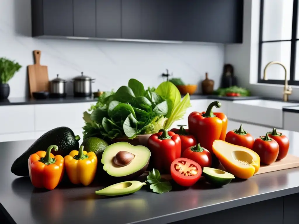 Una cocina moderna rebosante de ingredientes vegetales frescos y coloridos