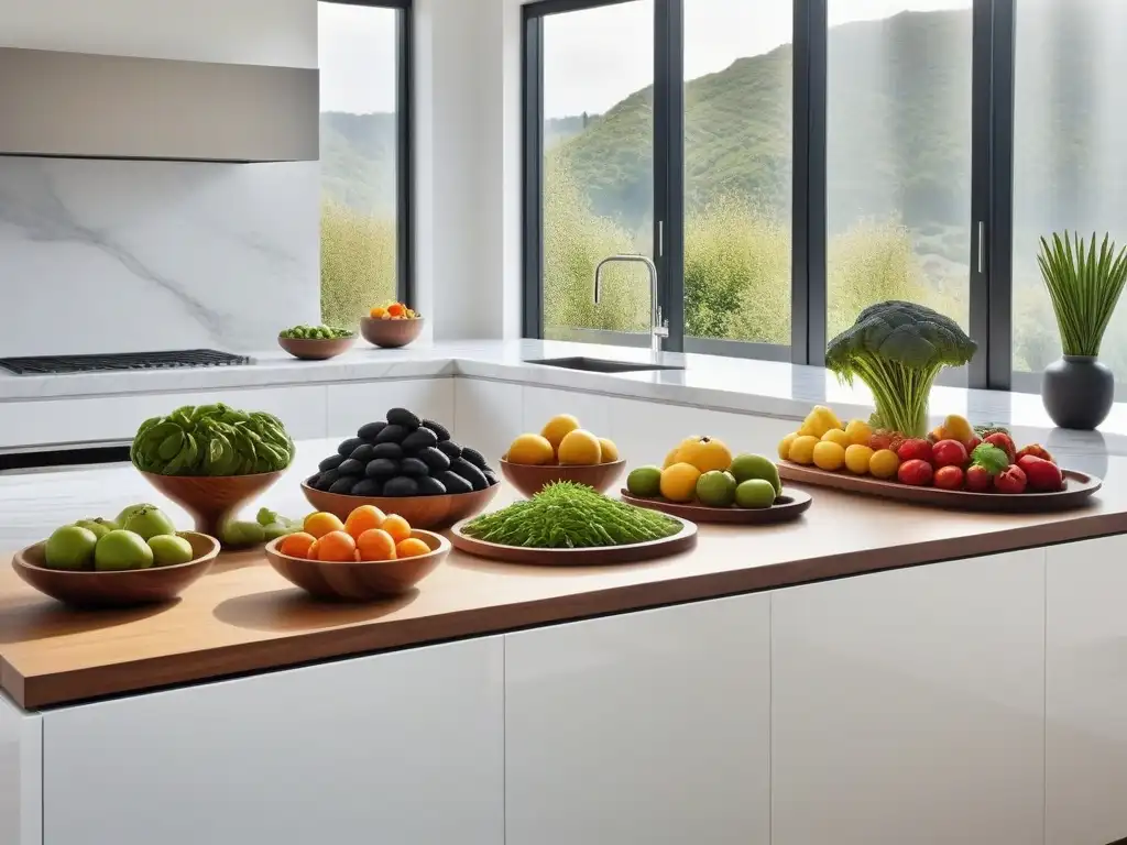 Cocina moderna y serena con frutas y verduras frescas en un elegante ambiente minimalista