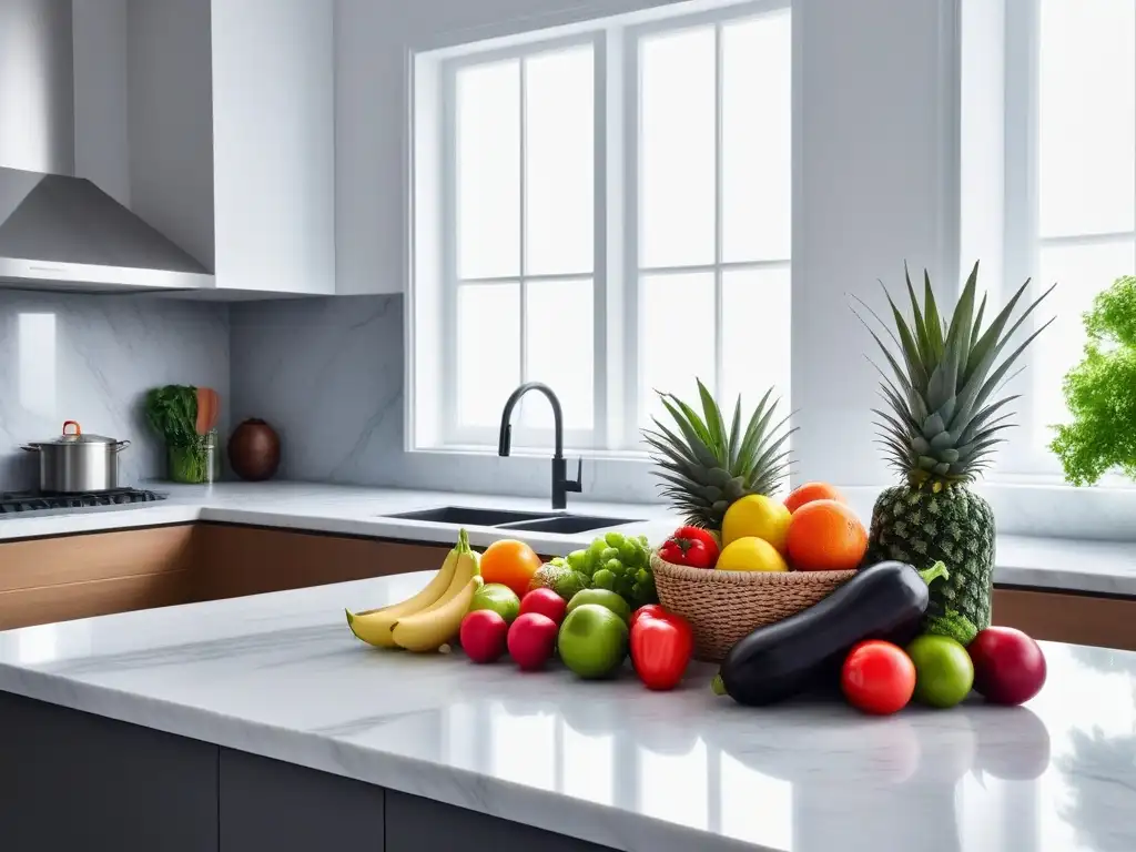 Una cocina moderna y serena con frutas y verduras frescas y coloridas sobre una encimera de mármol