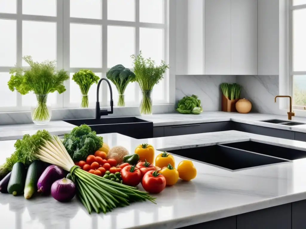 Una cocina moderna y serena con una variedad organizada de vegetales, frutas y hierbas frescas en una elegante encimera de mármol