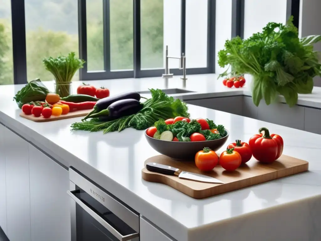 Una cocina moderna y serena con vegetales frescos y coloridos sobre una encimera de mármol blanco