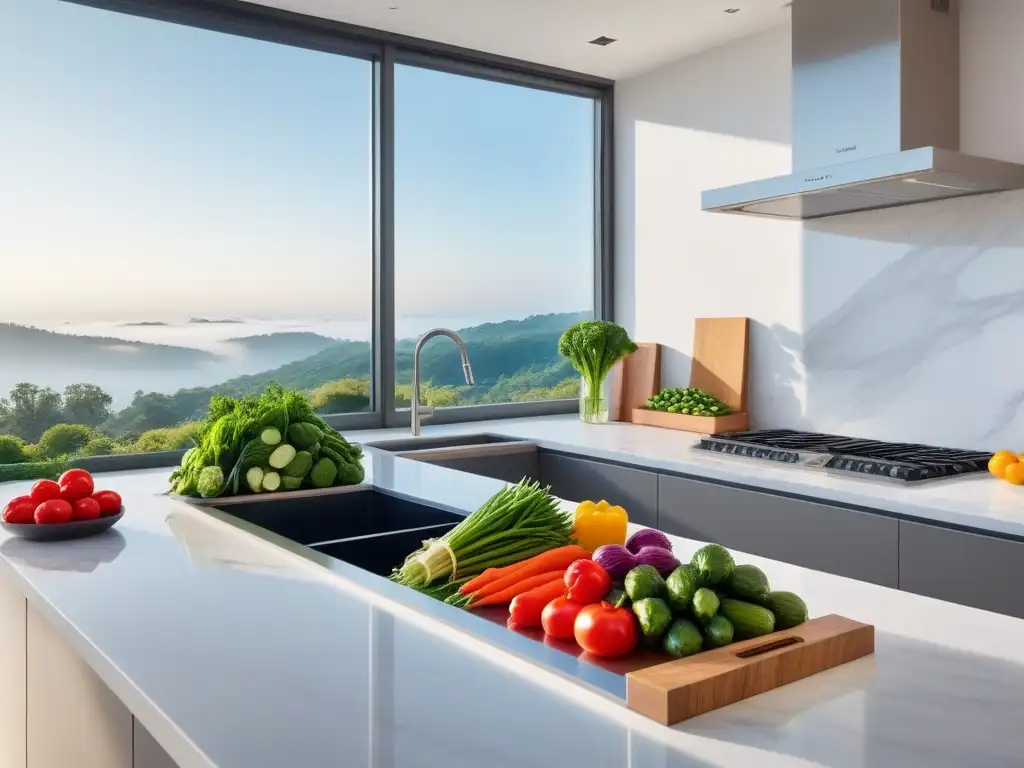 Una cocina moderna y sofisticada con alimentos frescos organizados, iluminada por el sol