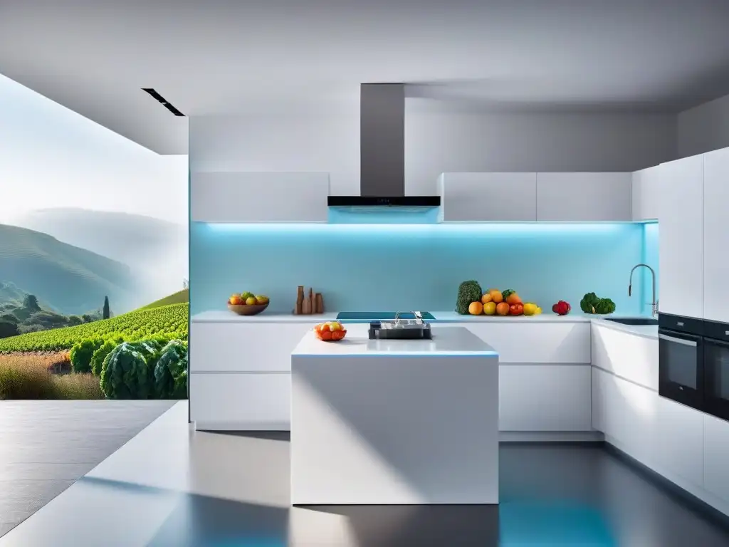 Una cocina moderna y sostenible con electrodomésticos eficientes y paneles solares en el techo, frutas y verduras coloridas