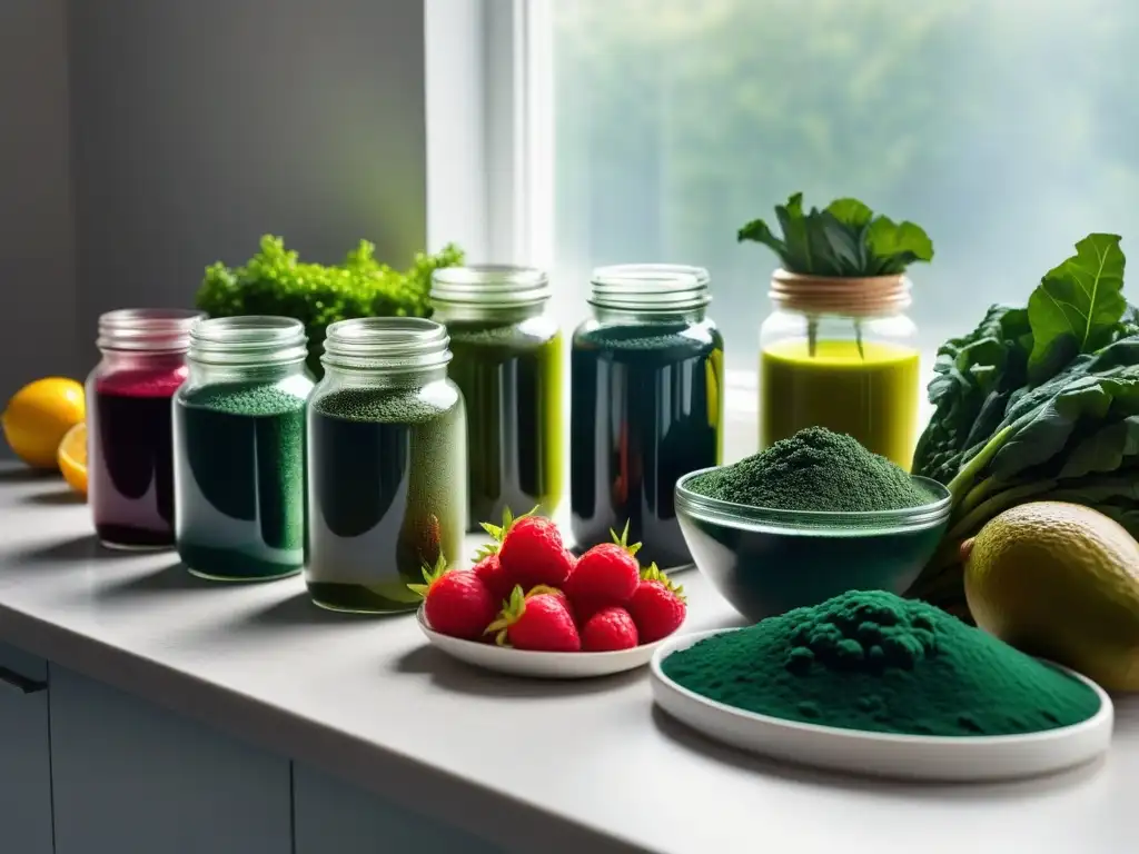 Una cocina moderna con superalimentos veganos y microalgas, iluminada por la luz natural