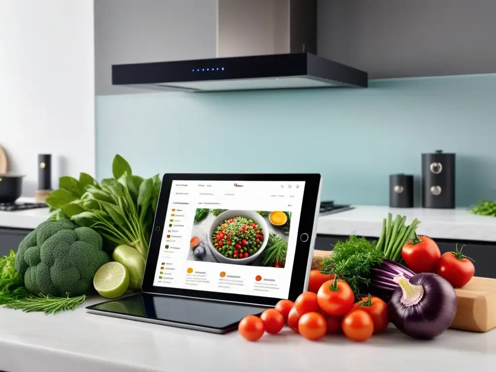 Cocina moderna con tablet mostrando tutorial de cocina vegana