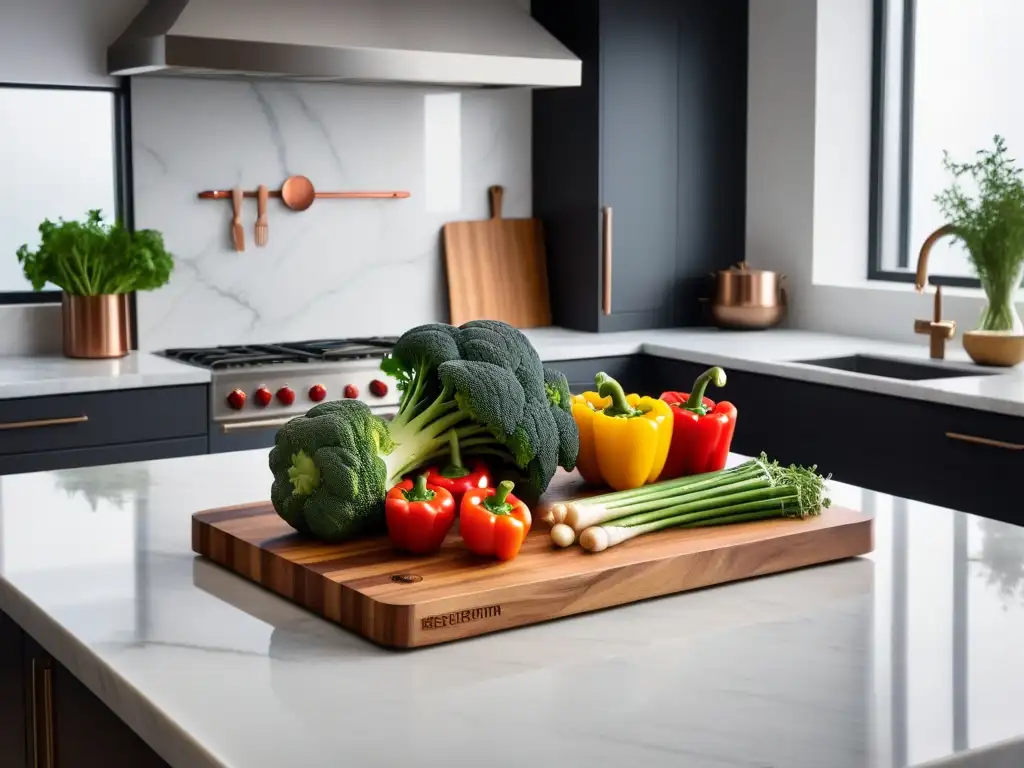 Una cocina moderna con vaporera llena de verduras coloridas rodeada de hierbas frescas