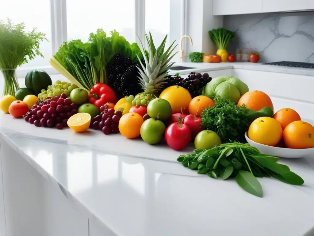 Una cocina moderna con una variedad de frutas y verduras coloridas en un elegante mostrador de mármol, bañadas por la luz solar