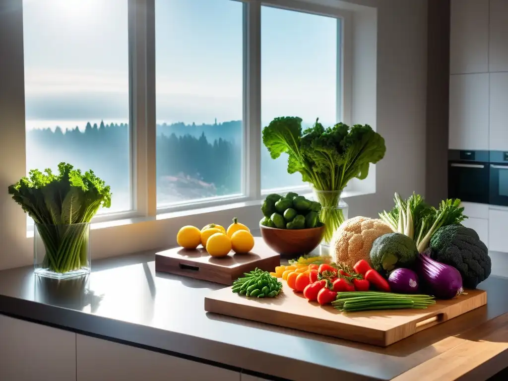 Una cocina moderna con vegetales frescos en cajas de madera