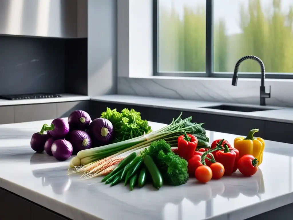 Una cocina moderna con vegetales frescos sobre mármol