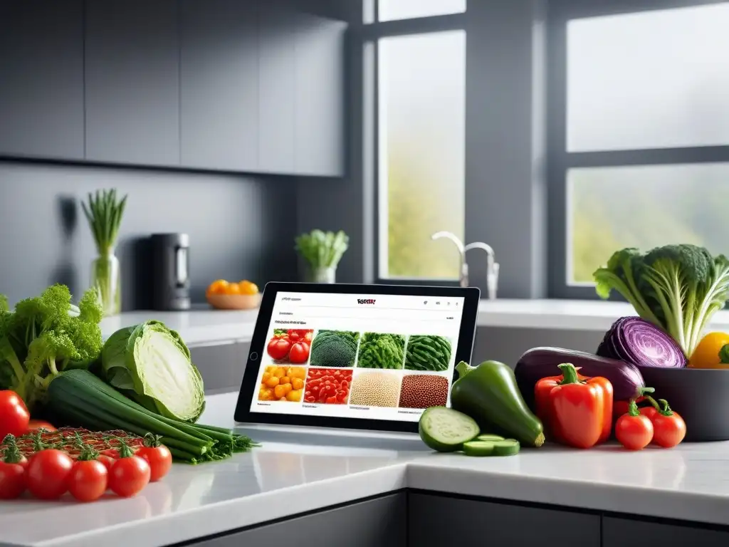 Cocina vegana moderna con recetas coloridas Una cocina moderna con vegetales frescos en la encimera y una tablet mostrando una app de recetas veganas