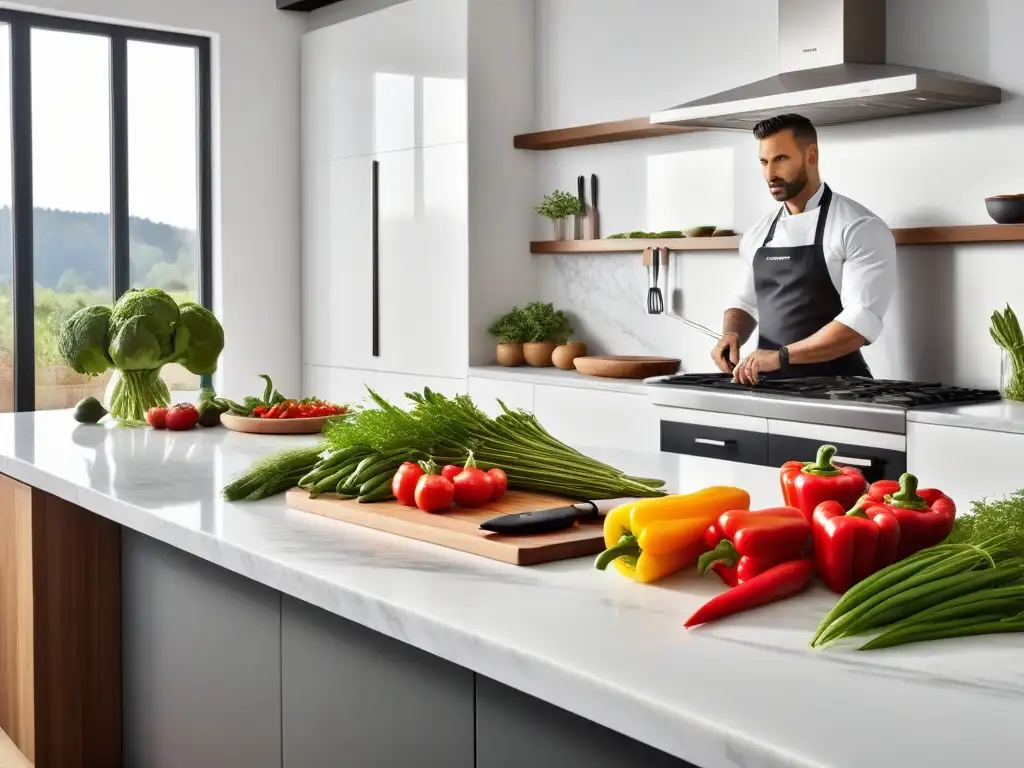 Una cocina moderna con vegetales frescos y hierbas, cuchillo y tabla de cortar, ideal para Workshops cocina vegana francesa