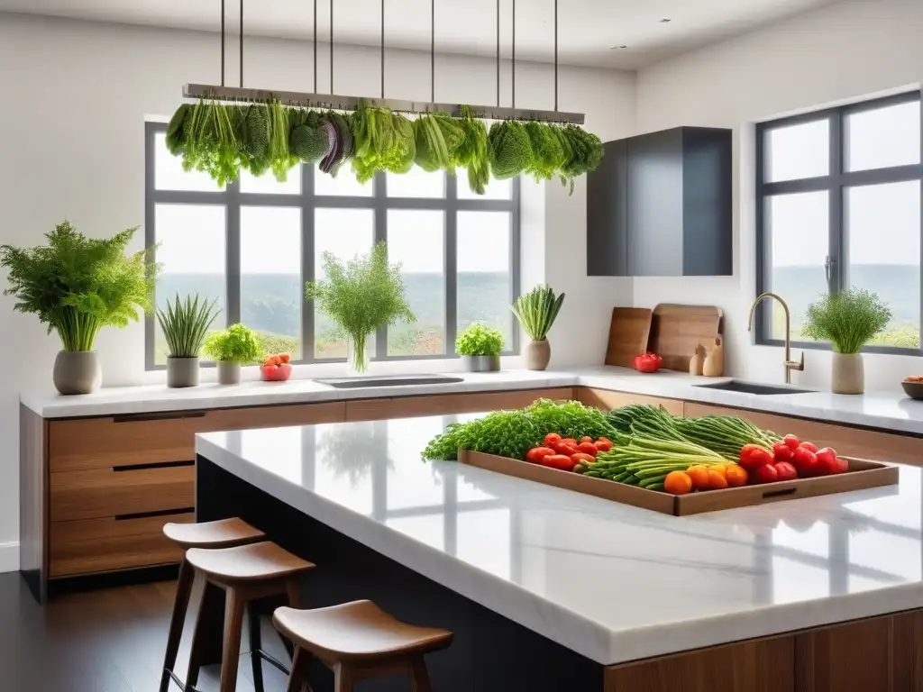 Una cocina moderna con vegetales frescos en cajas de madera, plantas verdes colgantes y luz natural