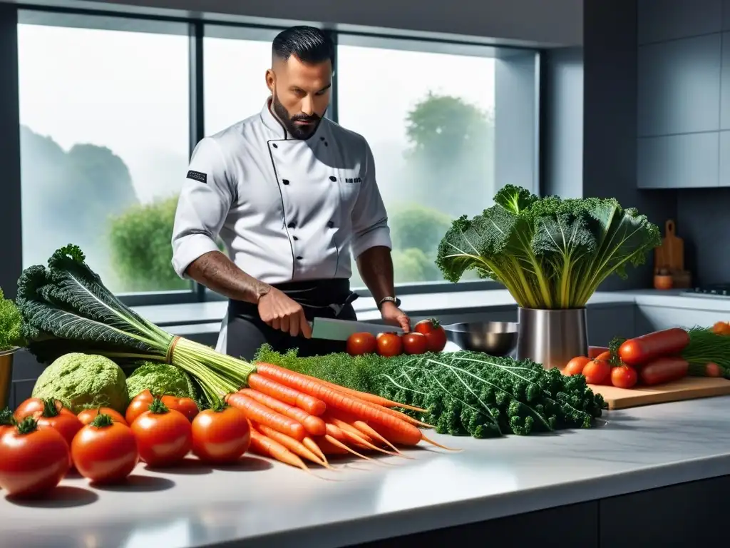 Un cocina moderna con vegetales frescos y coloridos