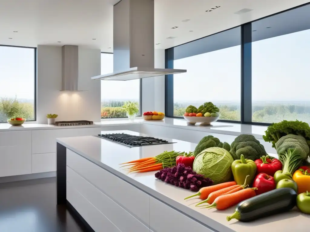 Una cocina moderna con vegetales y frutas frescas, iluminada por luz natural