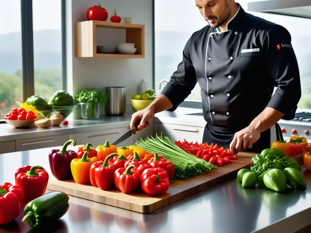 Una cocina moderna con vegetales y frutas frescas, organizadas en contenedores de vidrio