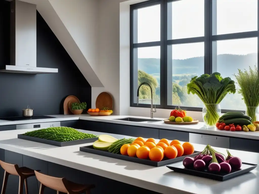 Una cocina moderna con vibrantes vegetales y frutas, utensilios ordenados y un libro de cocina vegana