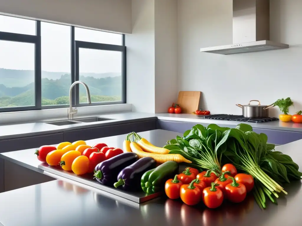 Una cocina moderna con verduras frescas en fila