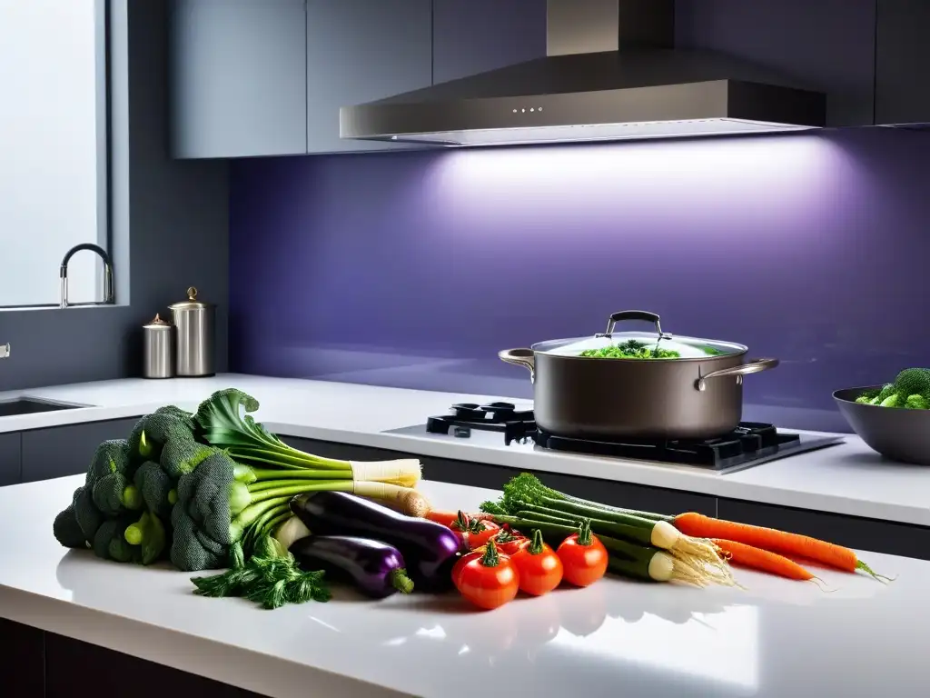 Una cocina moderna con verduras frescas y coloridas al vapor