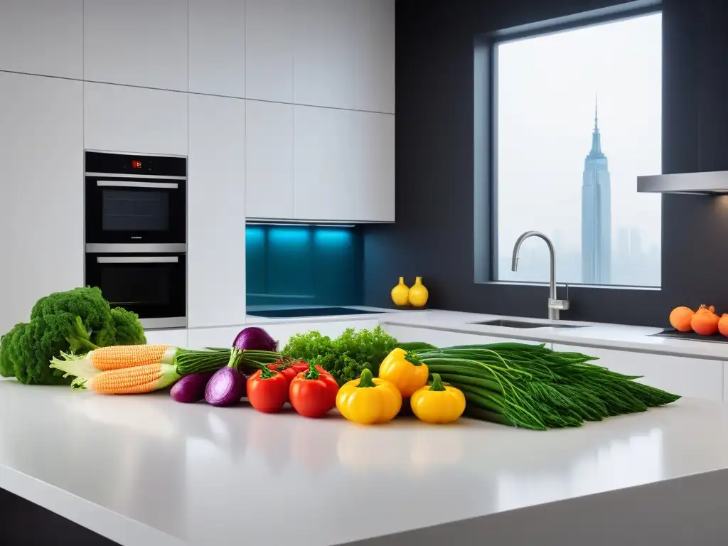 Una cocina moderna con verduras frescas coloridas y una máquina de cocción a baja temperatura vegana en un ambiente iluminado suavemente