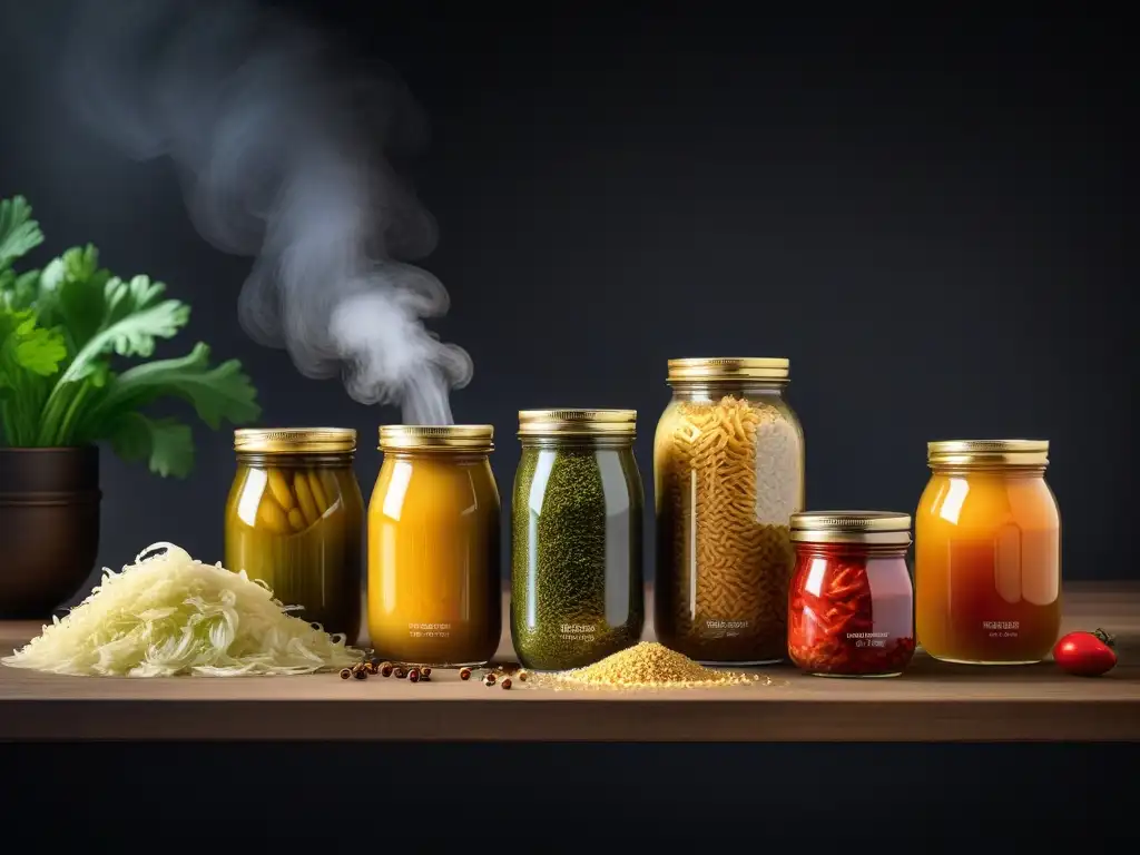Una cocina moderna y vibrante con alimentos veganos fermentados como chucrut, kimchi, tempeh y kombucha en frascos de vidrio