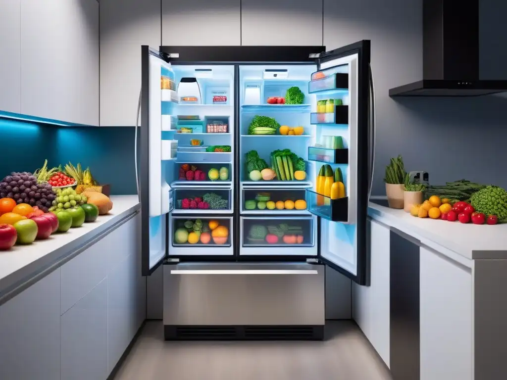 Una cocina moderna y vibrante con alimentos veganos frescos sostenibles en un refrigerador energéticamente eficiente