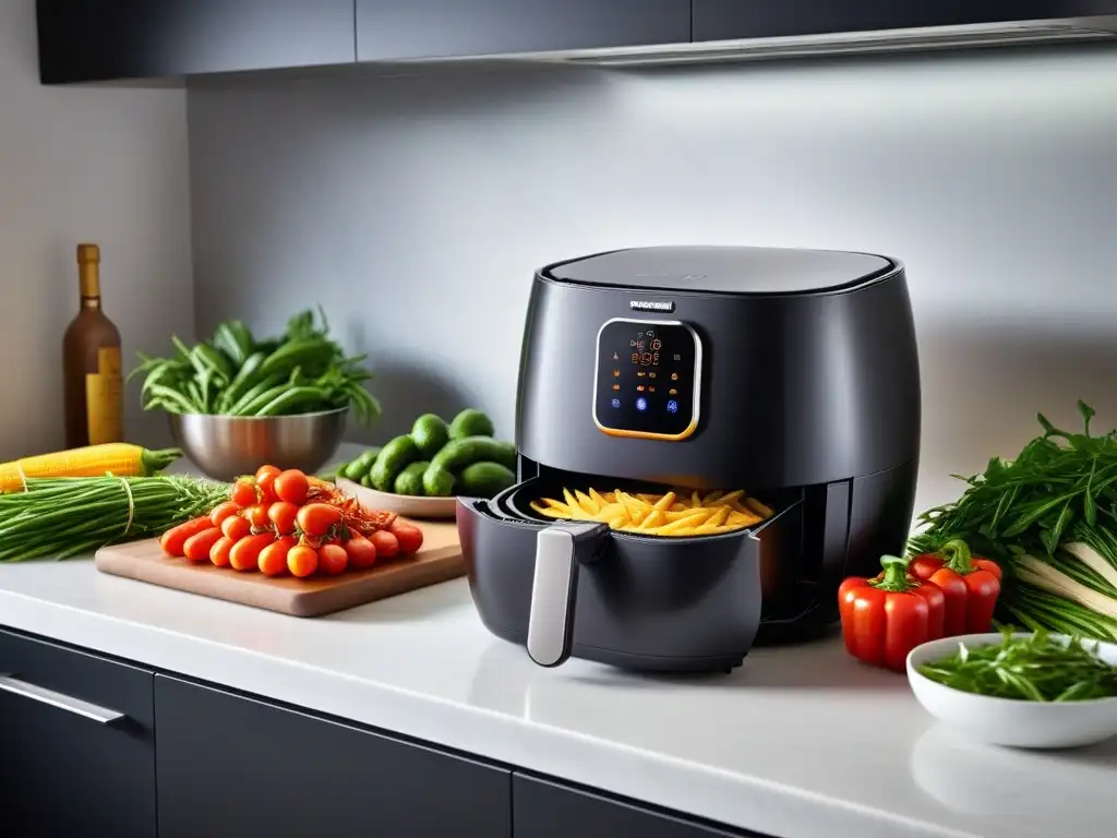 Una cocina moderna y vibrante con un air fryer destacado en el mostrador, rodeado de vegetales y hierbas frescas