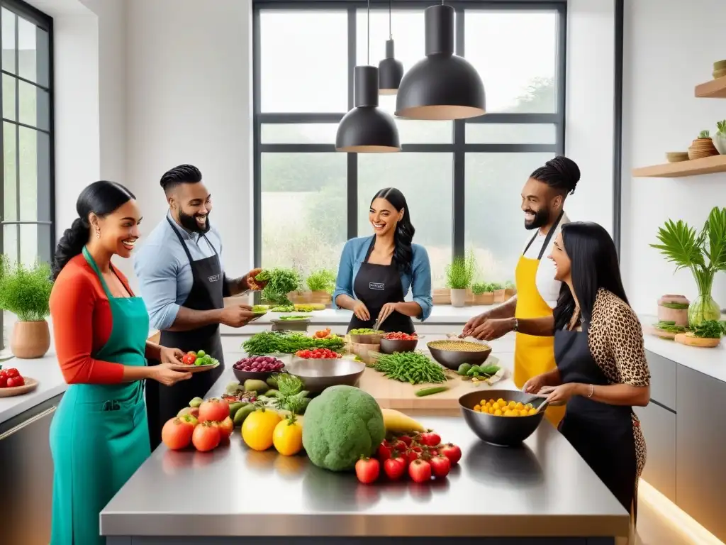 Una cocina moderna y vibrante donde una diversa comunidad comparte comidas veganas, plataformas revolucionando comunidades veganas