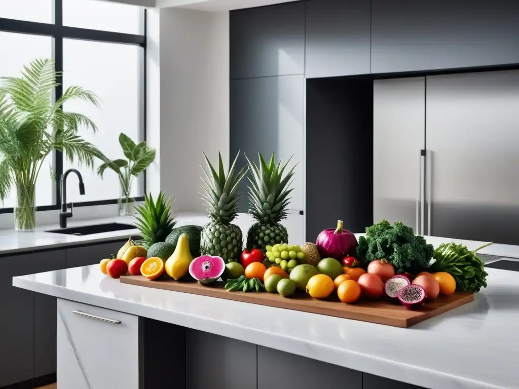 Una cocina moderna y vibrante con frutas y verduras coloridas en una encimera de mármol