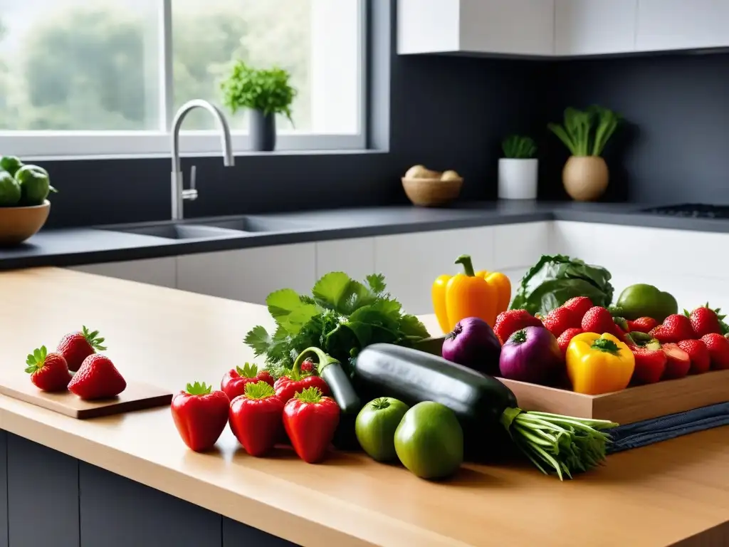 Una cocina moderna y vibrante con frutas y verduras coloridas en una encimera de madera