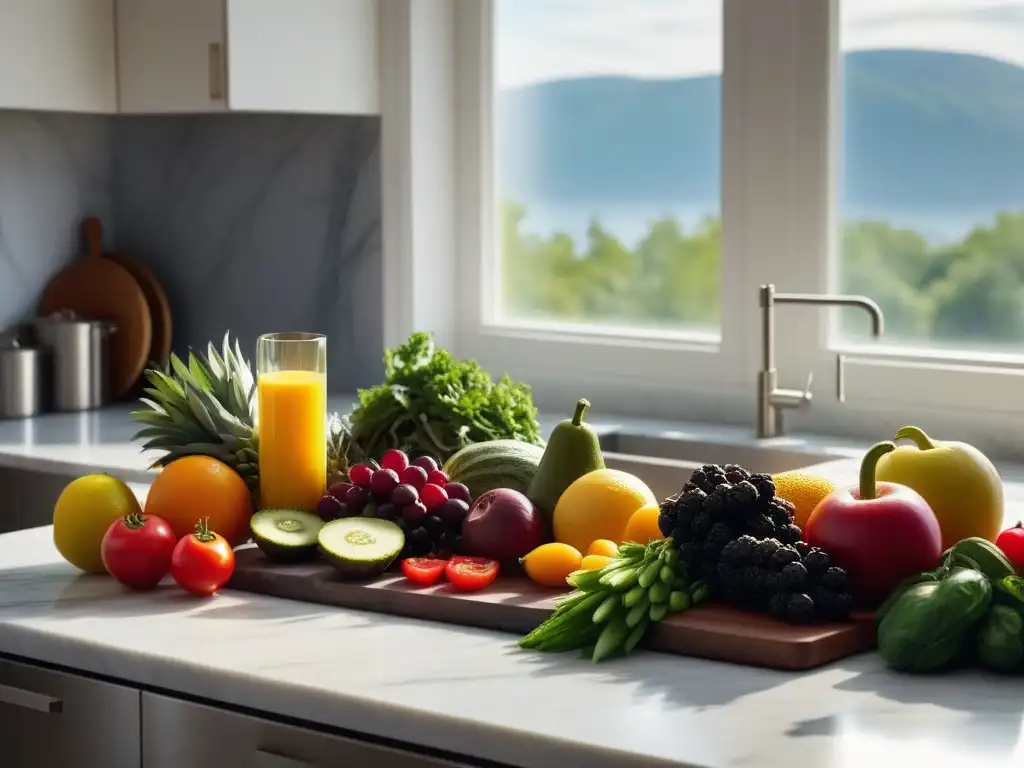 Una cocina moderna y vibrante con frutas y verduras frescas, utensilios de cocina de acero inoxidable y una encimera de mármol