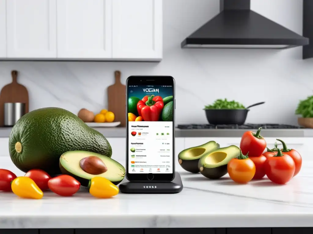 Una cocina moderna y vibrante con ingredientes frescos y una app de recetas veganas innovadoras