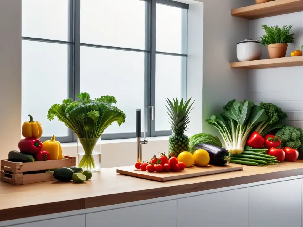 Una cocina moderna y vibrante con ingredientes frescos y coloridos en cajas de madera