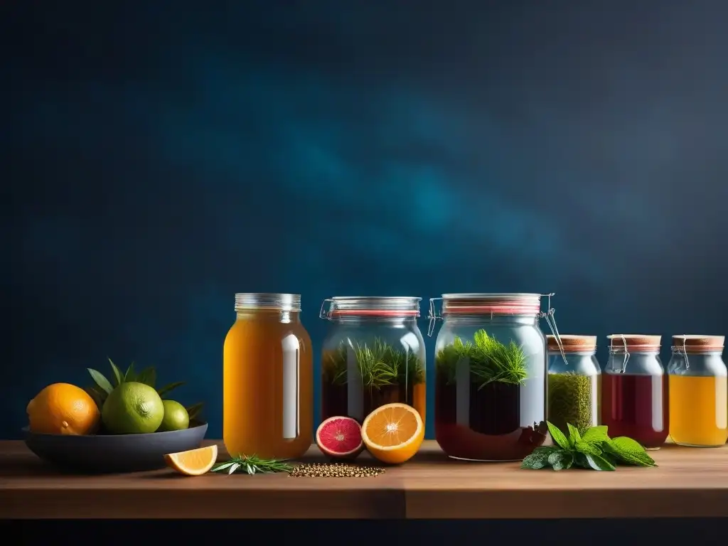 Una cocina moderna y vibrante para hacer kombucha casera, con ingredientes frescos y precisión en las medidas