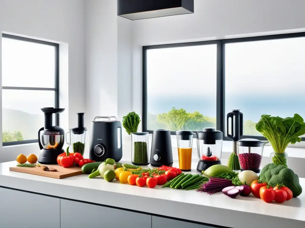 Una cocina moderna y vibrante llena de vegetales, frutas y hierbas coloridas, junto a utensilios de cocina de última generación