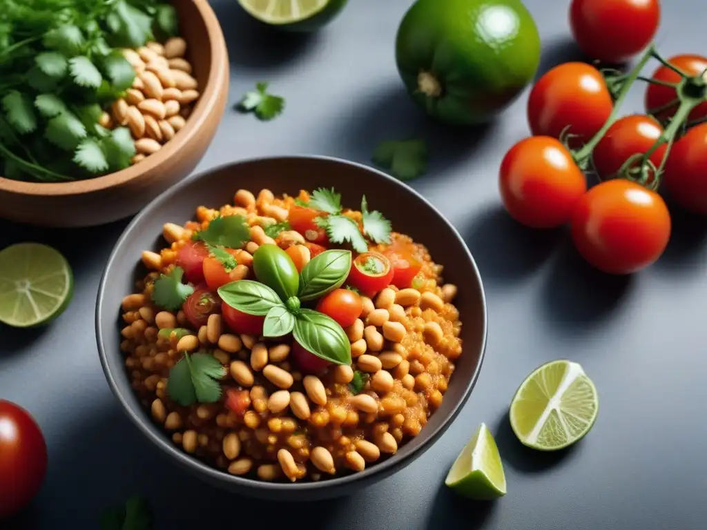 Una cocina moderna con una vibrante salsa de cacahuate vegana rodeada de ingredientes frescos