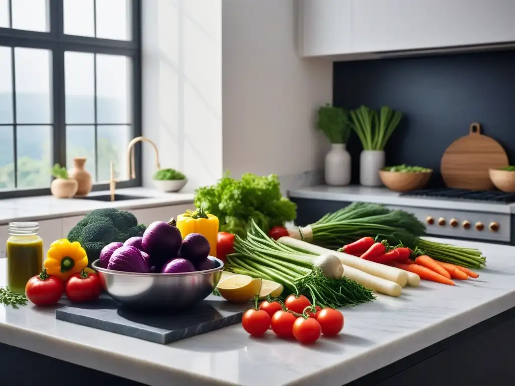 Una cocina moderna y vibrante con vegetales frescos y hierbas coloridas sobre una encimera de mármol