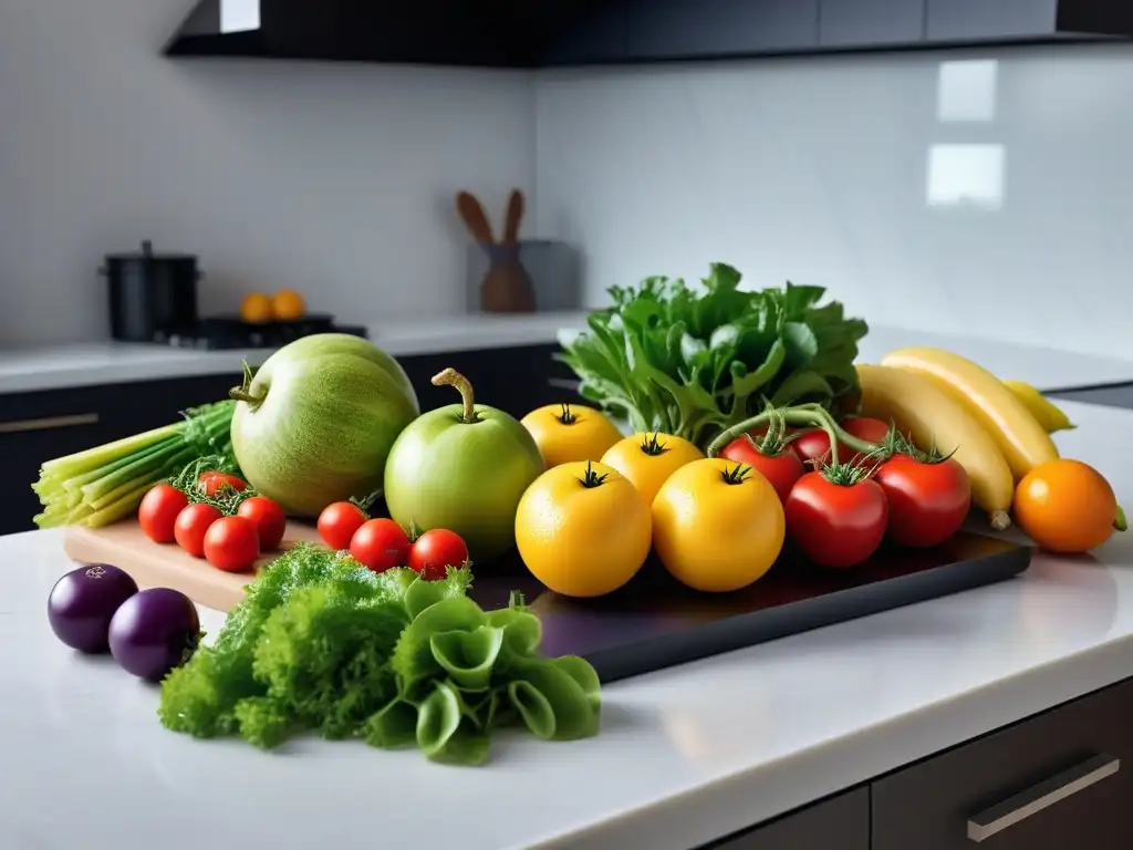 Una cocina moderna con vibrantes verduras y frutas orgánicas