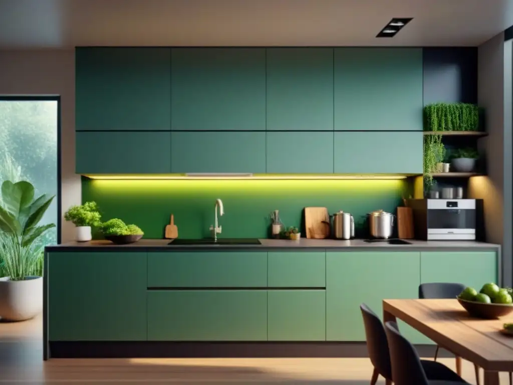 Cocina modular sostenible vegana con diseño moderno y ecoamigable, integrando plantas verdes en un ambiente minimalista y elegante