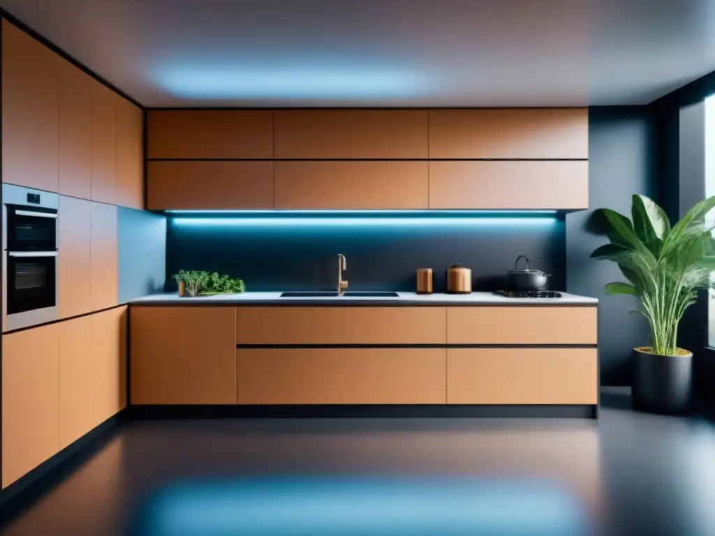 Una cocina modular sostenible vegana bañada en luz natural con diseño minimalista y paleta terrosa, destacando vegetales frescos