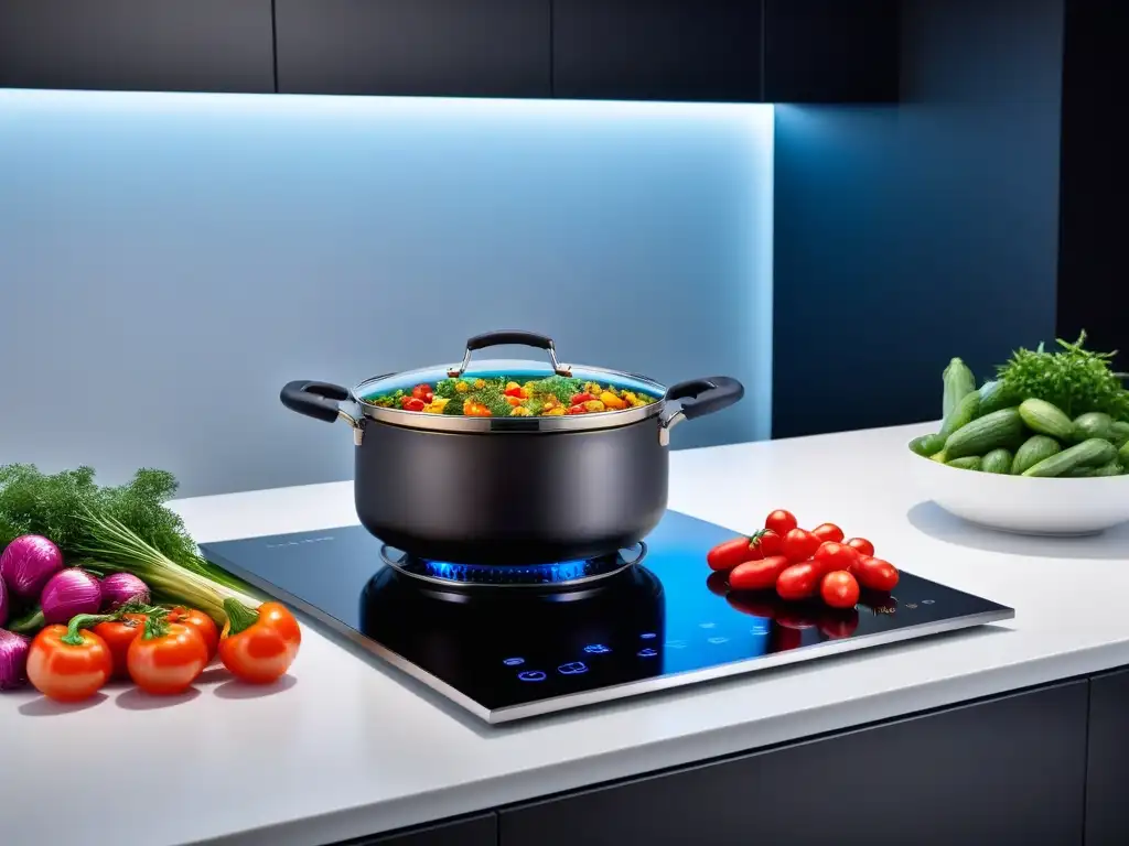 La cocina perfecta para platos veganos: moderna, colorida y profesional, con un cooktop de inducción y vegetales frescos