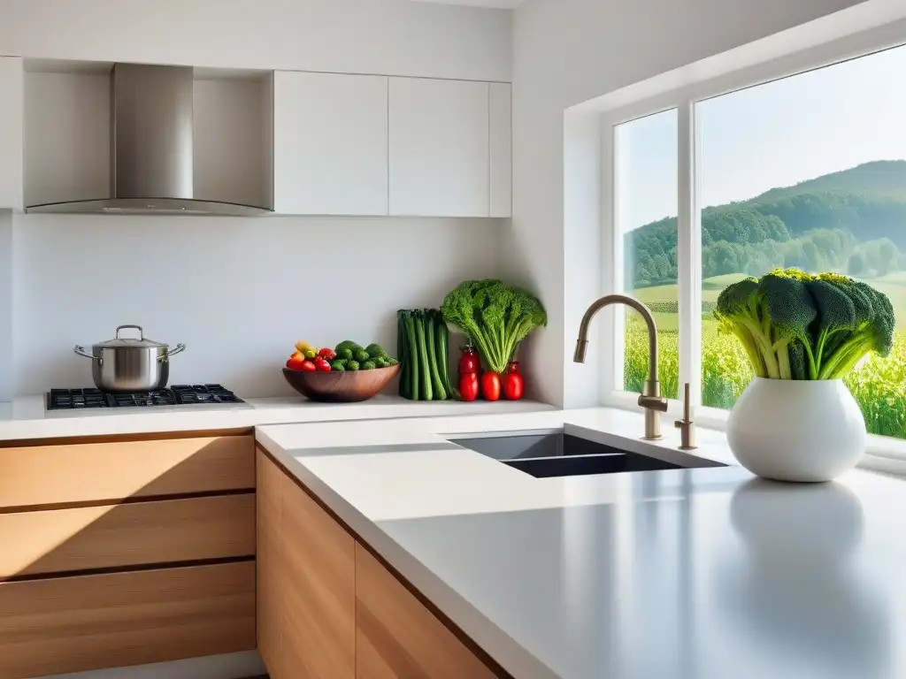 Cocina serena y moderna con encimera blanca impecable, verduras frescas en un bol de madera y luz natural